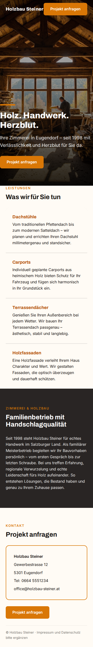 Website mobil für Holzbau Steiner (Zimmerei)