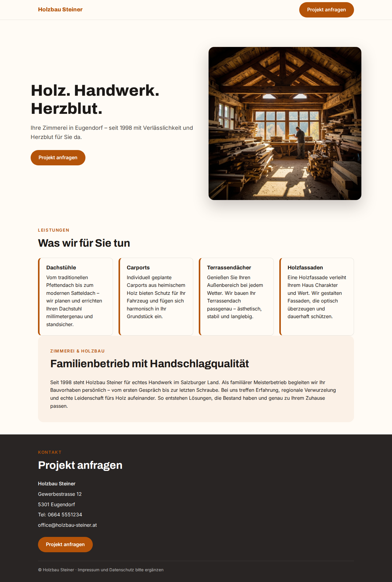 One-Pager-Website für Holzbau Steiner (Zimmerei)